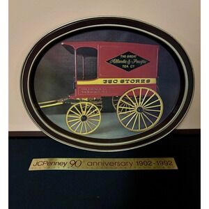 Vintage A&P Tea Co Metal Serving Tray Red Delivery Wagon 350 Stores Oval 14 inch